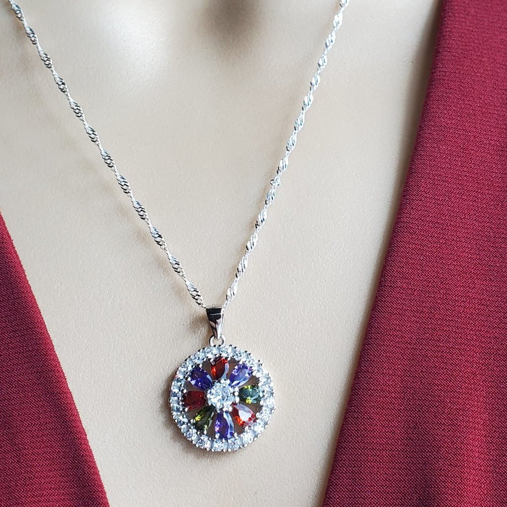 925 Solid Sterling Multi-Color Flower Pendant - image 3